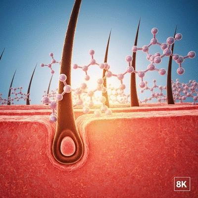 Microscopic view of hair follicles and DHT molecules interacting