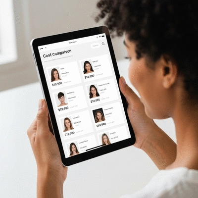 Person using a cost comparison tool on a tablet for hair loss treatments