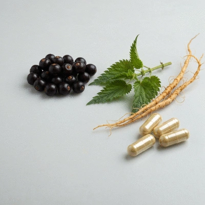 Close-up of saw palmetto, nettle root, and biotin ingredients
