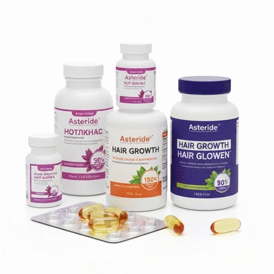 Assortment of hair loss treatment products like minoxidil, finasteride, and natural supplements on a clean white background, no text, no words, no typography, no labels, clean image