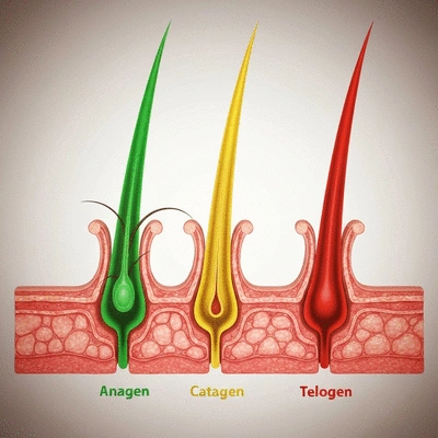 Diagram illustrating the Anagen, Catagen, and Telogen phases of hair growth, no text, no words, no typography